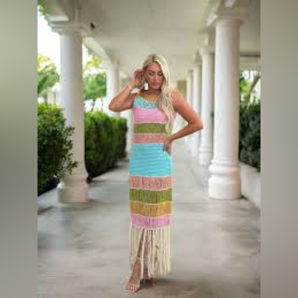 Style by GG Terri Multi Color Block Crochet Fringe Maxi Dress Small